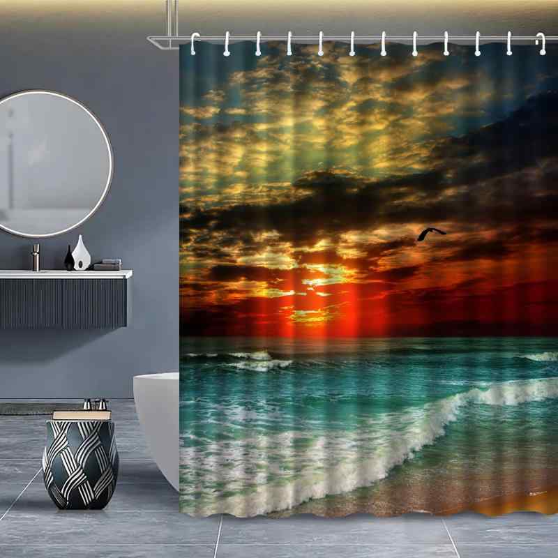 シャワーカーテン 防水 撥水 間仕切り ビーチ風景 デジタルプリント ポリエステル製 穴あけ不要 突っ張り棒対応 浴室 バスルーム お風呂 おしゃれ リゾートインテリア
