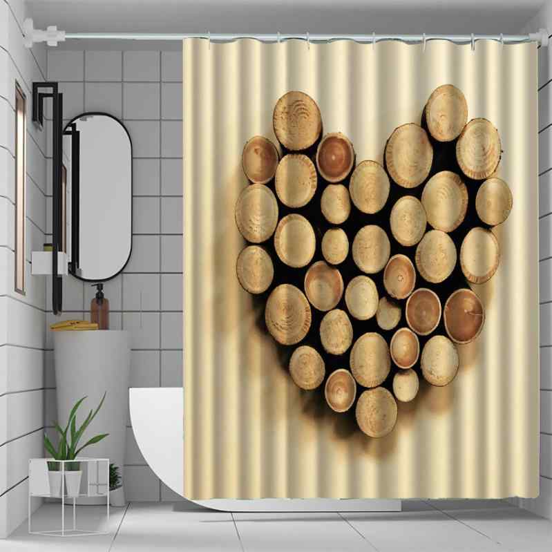 シャワーカーテン 防水 ポリエステル 3Dデジタルプリント ハート柄 木目調 おしゃれ 浴室 間仕切り 目隠し 穴開け不要 簡単設置