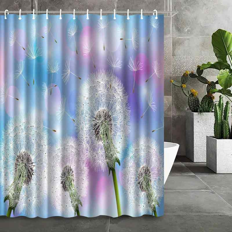 シャワーカーテン 防水加工 3Dデジタルプリント タンポポ柄 ボタニカル柄 ポリエステル製 バスルーム お風呂 間仕切り 目隠し 穴あけ不要