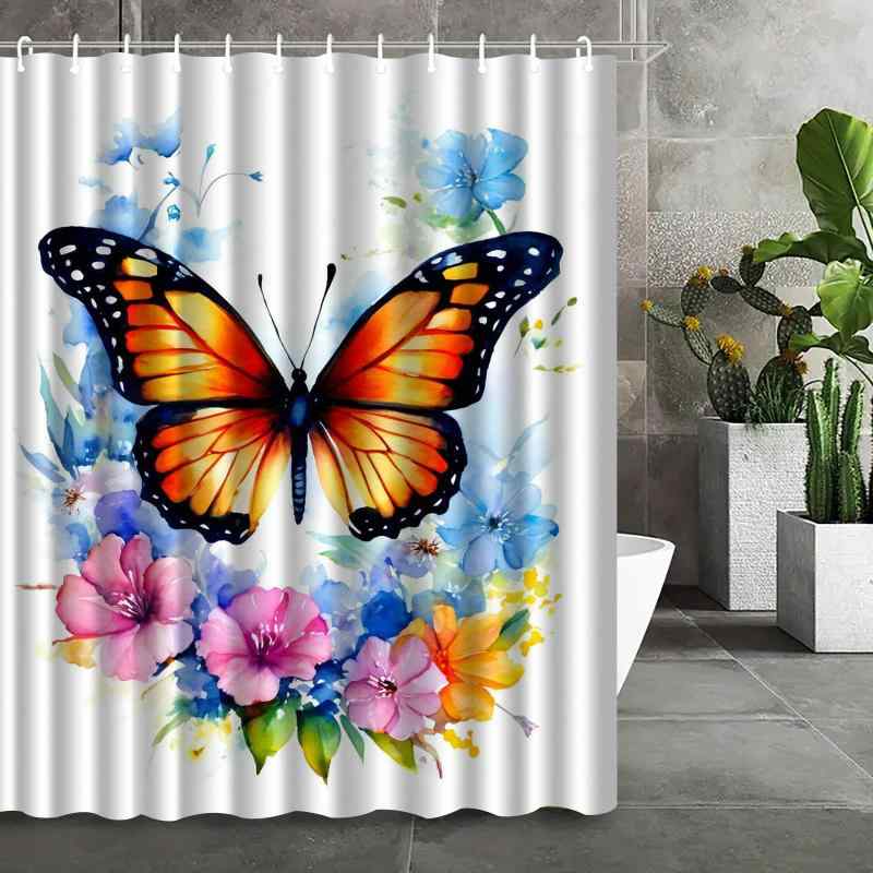 シャワーカーテン はっ水 防水 3D立体プリント 蝶柄 バタフライ ポリエステル素材 バスルーム 浴室 お風呂 脱衣所 間仕切り 目隠し 穴あけ不要 取付簡単