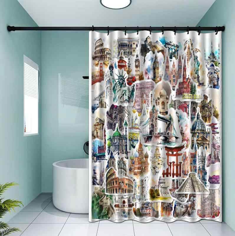 シャワーカーテン 世界の名建築柄 防水 デジタルプリント バスルーム 間仕切り 目隠し おしゃれ 浴室用 ポリエステル製 多サイズ対応 ユニットバス 穴開け不要