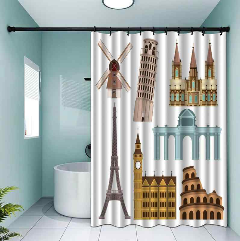 シャワーカーテン 建築モチーフ ランドマーク柄 防水加工 デジタルプリント ポリエステル製 間仕切り 目隠し 高画質 バスルーム お風呂 防カビ加工