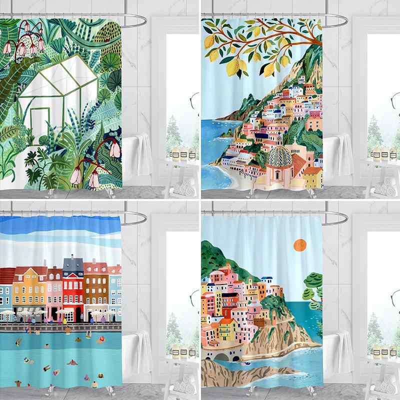 シャワーカーテン 防水 防カビ加工 つっぱり式 穴あけ不要 浴室用 家庭用 目隠し 間仕切り 北欧風 地中海風 シンプル モダン 風景柄 デジタルプリント