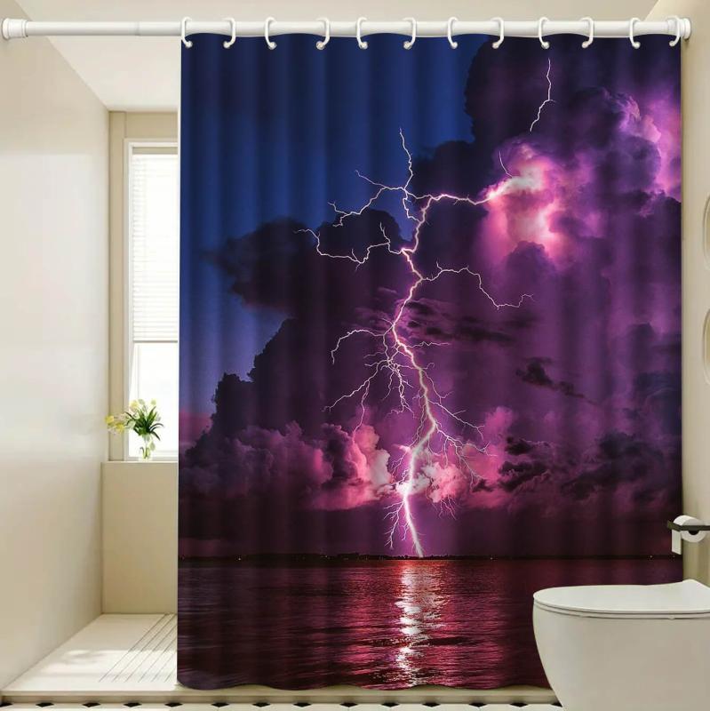 シャワーカーテン 防水 間仕切り 目隠し デジタルプリント 稲妻柄 ライトニングモチーフ バスルーム 浴室 ユニットバス お風呂 ポリエステル製 おしゃれ