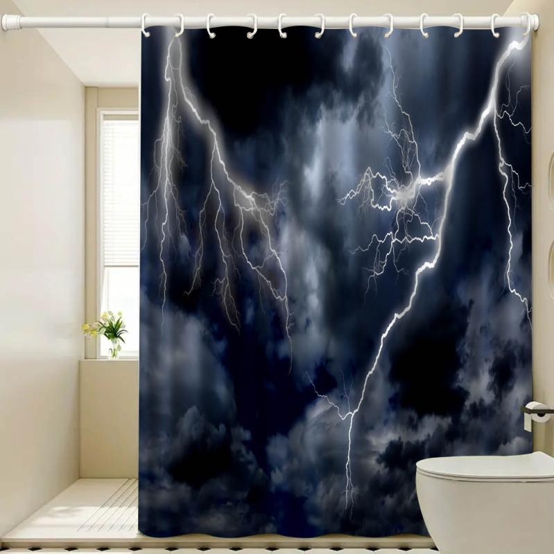 シャワーカーテン 防水 高画質デジタルプリント 雷柄 稲妻模様 バスルーム 間仕切り 目隠し ポリエステル製 水はね防止 ユニットバス 豊富なサイズ展開