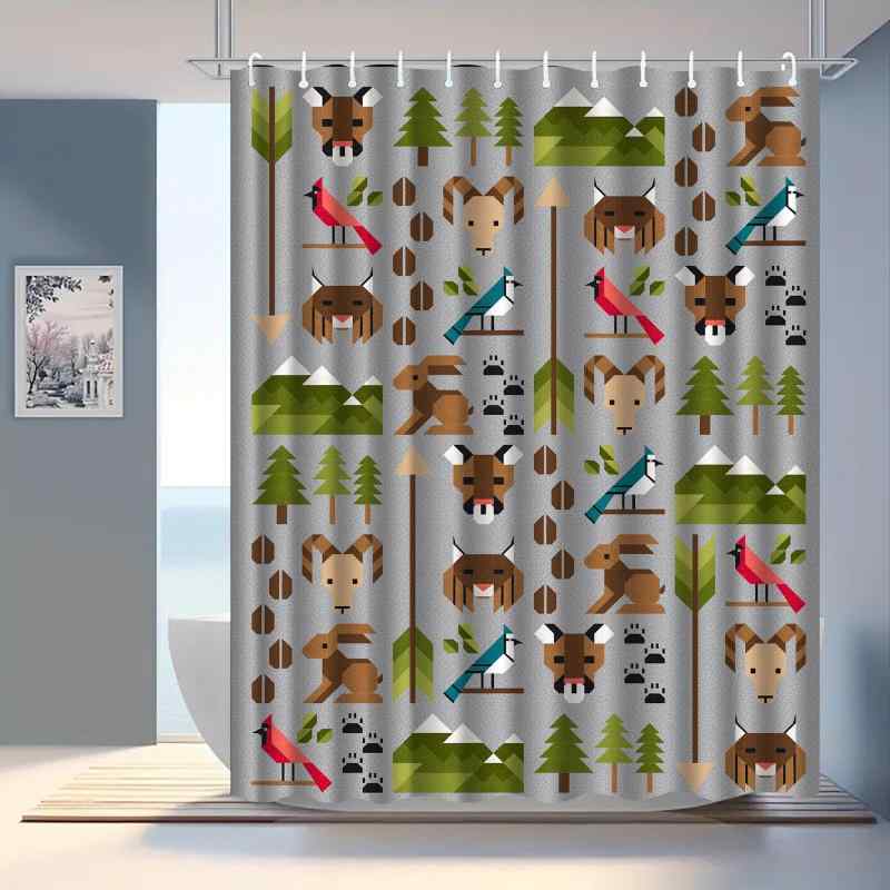 シャワーカーテン 防水 デジタルプリント 森林動物デザイン バスルーム 間仕切り カーテン 撥水加工 ポリエステル製 穴あけ不要 簡単設置