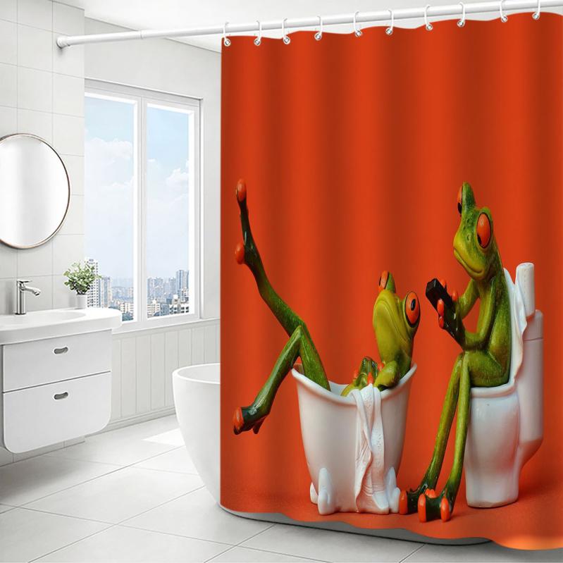シャワーカーテン 防水 防カビ 穴開け不要 厚手 デジタルプリント ポリエステル製 カエル柄 モダン シンプル 浴室 ユニットバス 脱衣所用 間仕切り 目隠し
