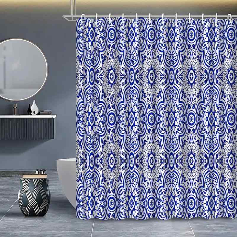 シャワーカーテン 防水 防カビ 穴あけ不要 フック付き 厚手 ポリエステル製 デジタルプリント ボヘミアン柄 バスルーム 間仕切り
