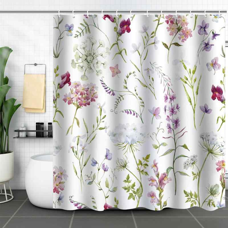 シャワーカーテン 防水 防カビ ポリエステル製 デジタルプリント 水彩 小花柄 植物柄 フラワー柄 おしゃれ 浴室 バスルーム 間仕切り 目隠し 穴あけ不要 取り付け簡単 豊富なサイズ展開