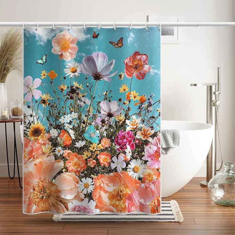 シャワーカーテン 防水 防カビ 厚手 手描き フラワーアート柄 浴室 洗面所 脱衣所 間仕切り 目隠し ロング丈 ポリエステル製