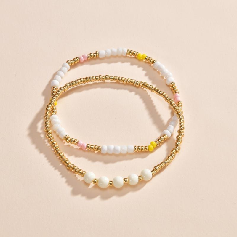 アンクレット レディース 伸縮性 カラフル ビーズ 編み込み 幾何学模様 樹脂製 2本セット おしゃれ 個性的 カジュアル スタイリッシュ ビーチ リゾート パーティー 夏 ファッション小物