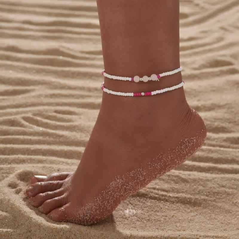 アンクレット レディース 2連 伸縮性 エスニック アクリル ビーズ シードビーズ 幾何学模様 ビーチ リ..