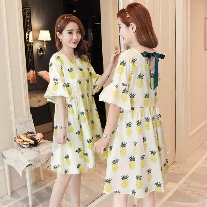 ワンピース マタニティ 春夏 ゆったり 体型カバー 大きいサイズ 綿麻混 キャラクター柄 リボン ミドル丈 ラウンドネック 五分袖 Aライン 通勤 オフィス きれいめ フレアスリーブ