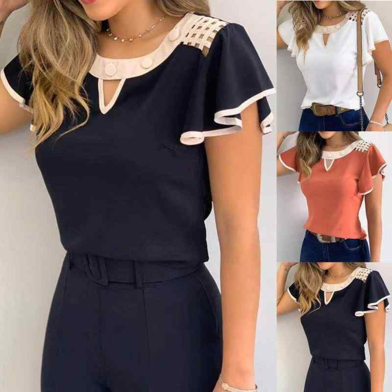 ニット Tシャツ レディース Vネック ボタン フリル袖 シフォン 切り替え ウエストマーク スリムフィット プルオーバー 無地 春夏 通勤 オフィス エレガント トップス