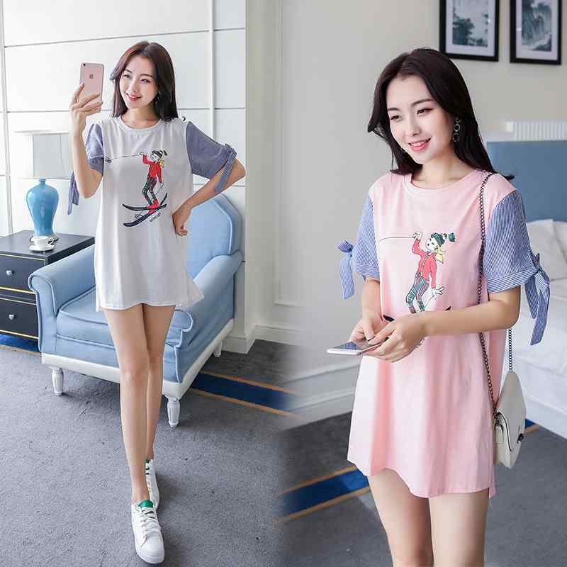 Tシャツワンピース マタニティ レディース ゆったり 体型カバー 韓国風 カートゥーンプリント 丸首 半袖 コットン 春夏 ミドル丈 ルームウェア カジュアル 白