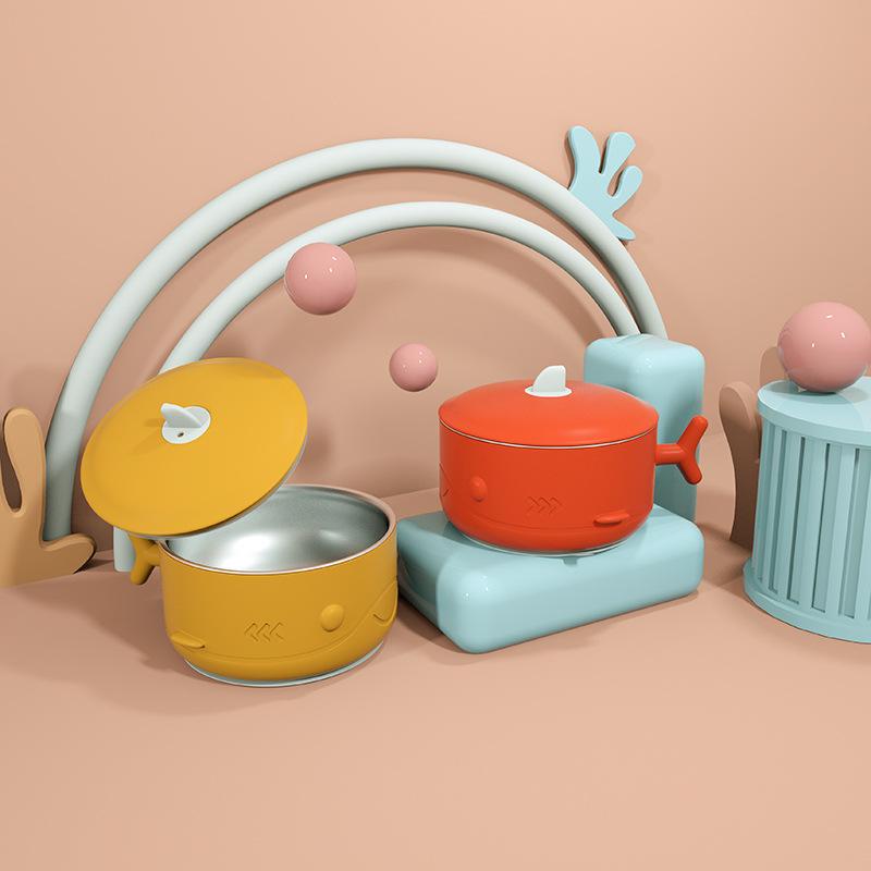 ベビー食器 赤ちゃん用 かわいいサメ キャラクター 吸盤ボウル 304ステンレス製 離乳食対応 内側取り外し可能 PP シリコン 子供用 こぼれにくい イエロー オレンジ 3ヶ月から(x2)