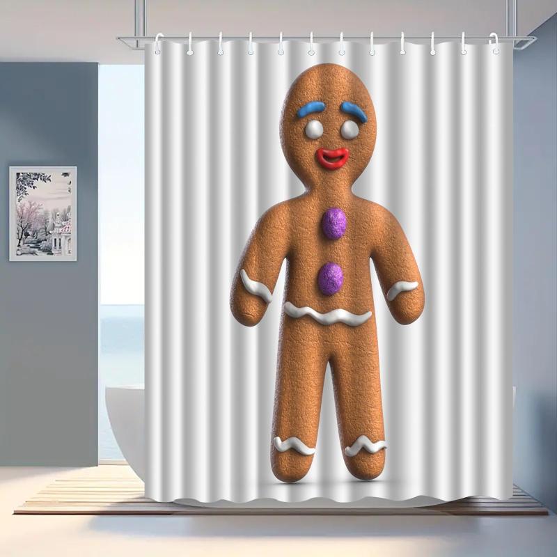 シャワーカーテン 防水 突っ張り棒対応 ジンジャーブレッドマン 3Dデジタルプリント ポリエステル バス..