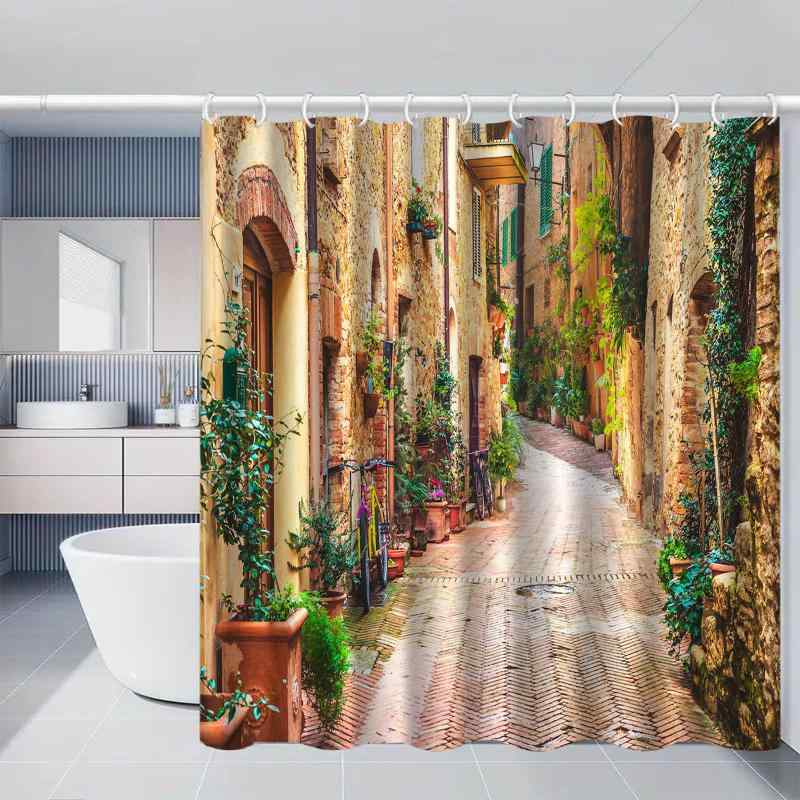 シャワーカーテン フック付き 防水 欧風建築 街並み 緑の植物 ボタニカルデザイン ポリエステル バスルーム 目隠し 間仕切り おしゃれ インテリア