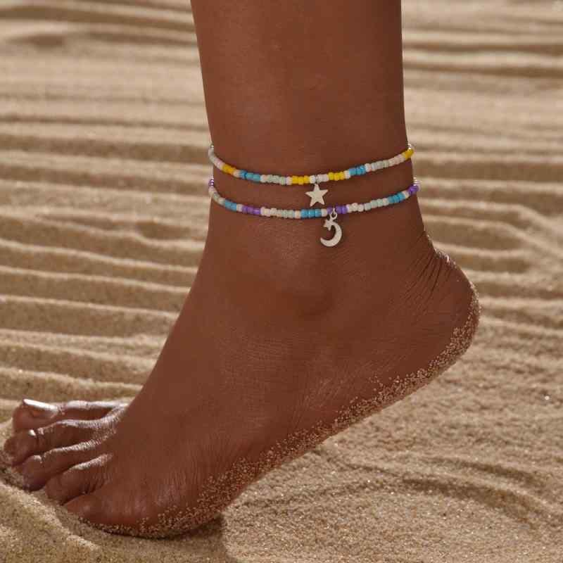 アンクレット 男女兼用 ファッション リゾート風 合金製 スター ムーン チャーム 多色ビーズ 伸縮性 シ..