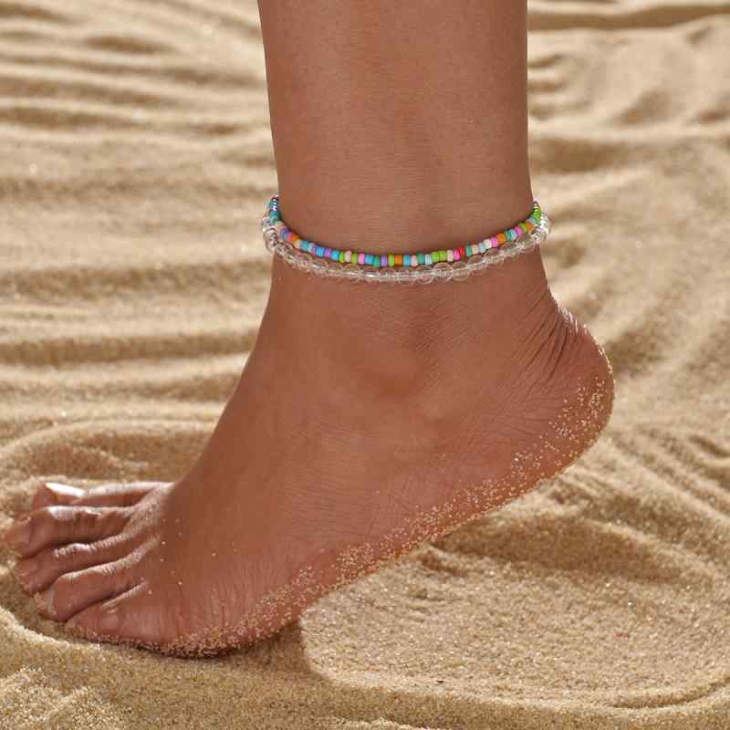 アンクレット レディース ボヘミアン エスニック リゾートスタイル クリア 小粒 マルチカラー ビーズ 樹脂製 伸縮性 2点セット 春夏 海 ビーチ カジュアル