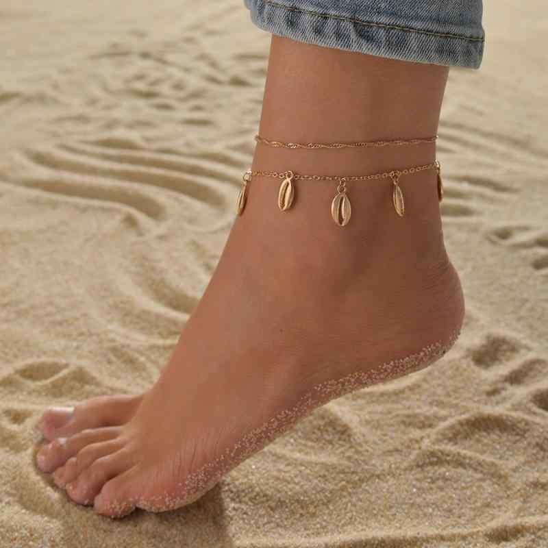 アンクレット レディース 春夏 ビーチリゾート バカンス 貝殻 シェル ゴールド フリンジ チャーム メタル 2点セット 重ね付け おしゃれ かわいい カジュアル 旅行 プレゼント