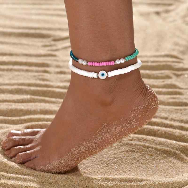 アンクレット 男女兼用 おしゃれ シンプル レジン 目玉モチーフ ソフトクレイ クリスタル 米ビーズ 伸縮性 幾何学模様 カジュアル 普段使い ギフト 2点セッ...