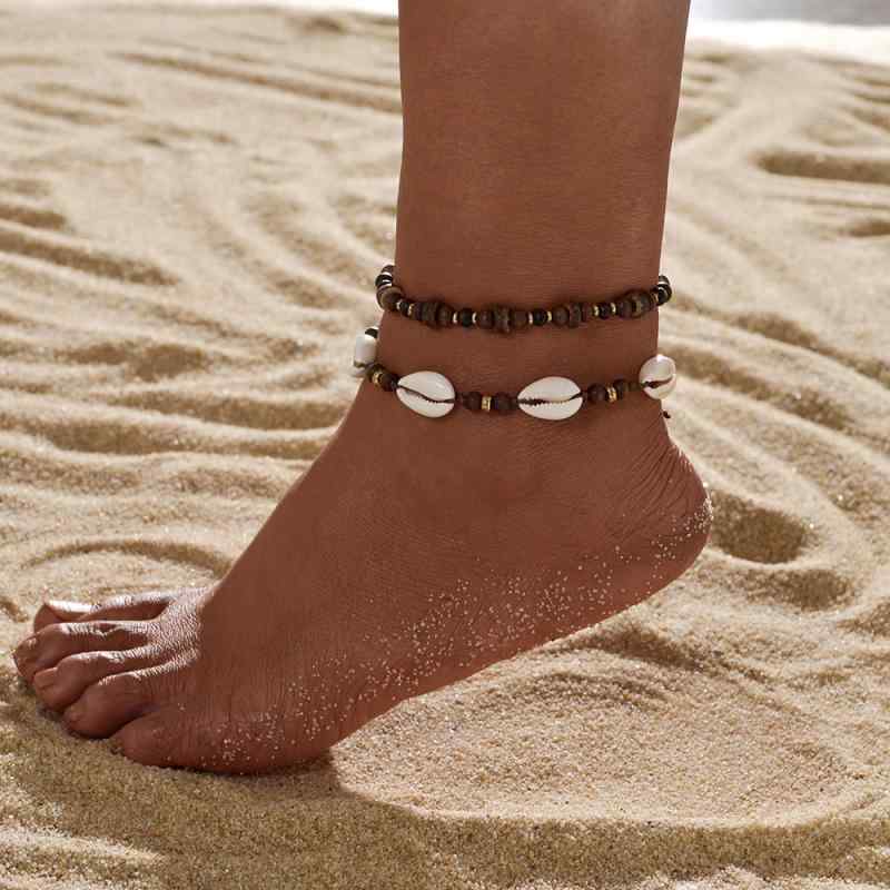 アンクレット 男女兼用 ボヘミアン 民族風 天然貝殻 ウッドビーズ ヤシ殻 ビーズ 編み込み 調整可能 幾..