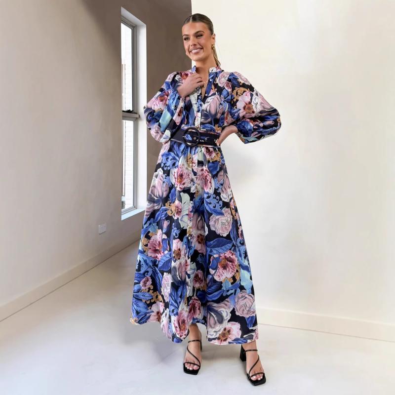 ワンピース レディース パフスリーブ 長袖 ロング丈 春夏 Aライン ハイウエスト ウエストマーク ベルト付き スタンドカラー リネン 花柄 ゆったり 体型カバー きれいめ エレガント 上品 通勤 オフィスカジュアル