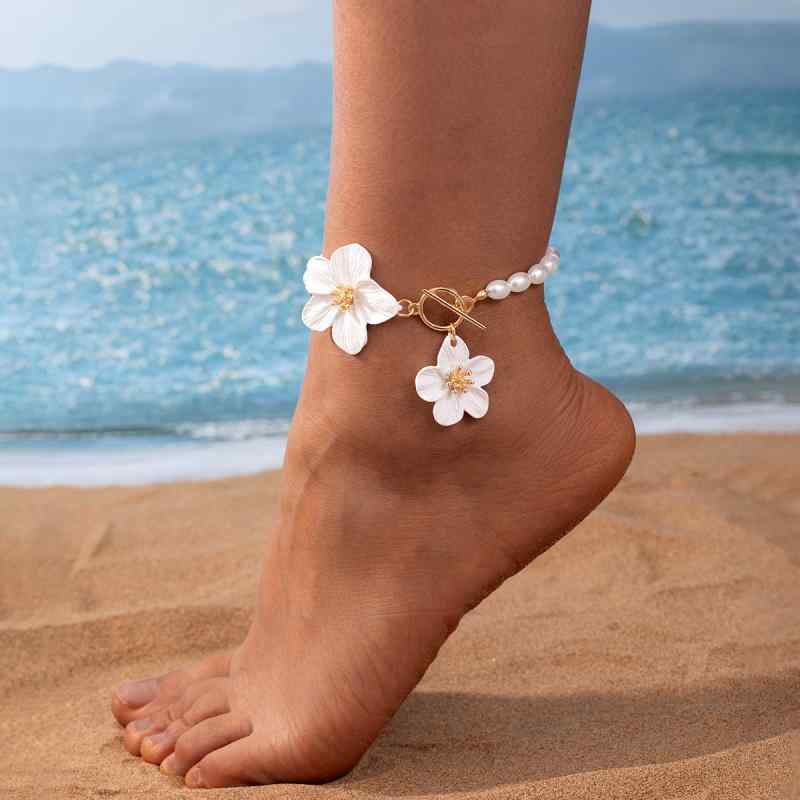 アンクレット レディース おしゃれ 個性的 フェイクパール ビーズ 合金 OTチェーン ペイント立体フラワー 大ぶり ユニーク 春夏 足元 アクセサリー