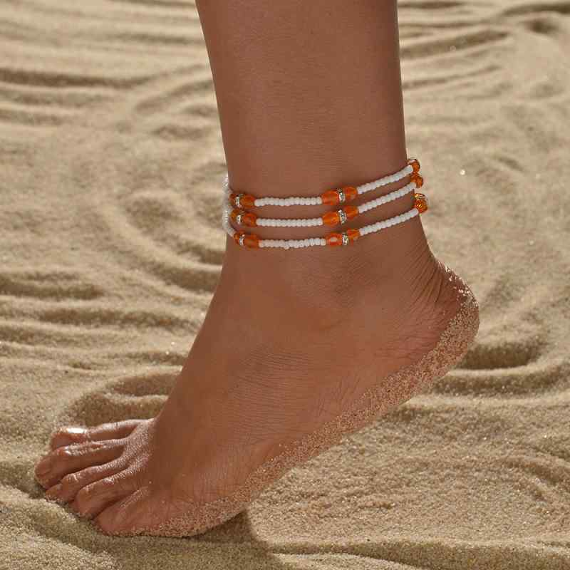 アンクレット レディース 伸縮性 3本セット クリスタル風 ビーズ ミニビーズ シンプル カジュアル ビーチ リゾート パーティー デイリーユース 夏コーデ 樹脂製