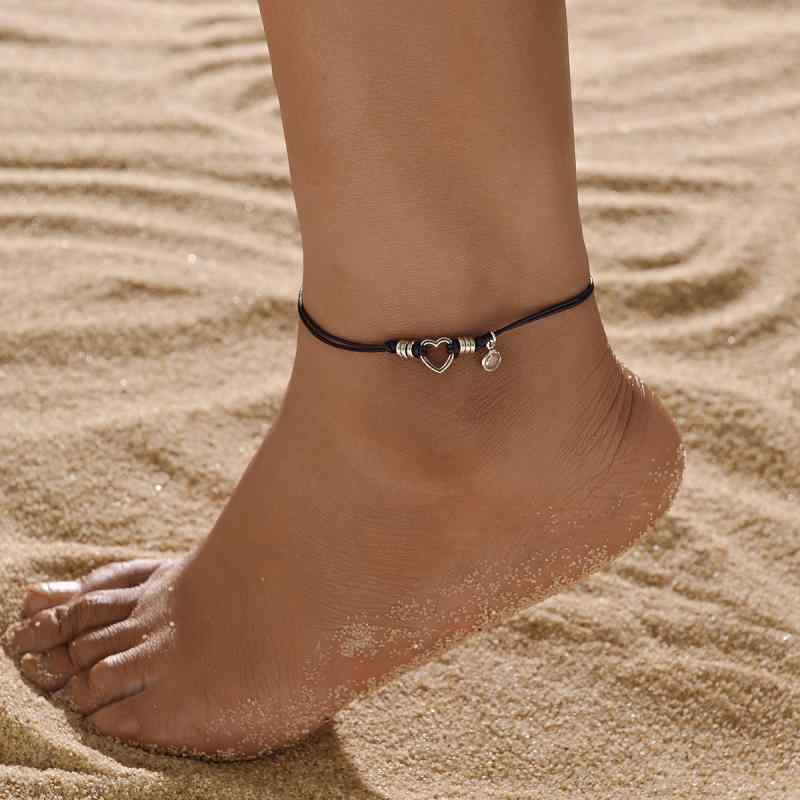 アンクレット レディース 防水 長さ調節可能 合金 透かし彫り ハート型 ラインストーン チャーム ワックスコード 編み込み リゾートスタイル