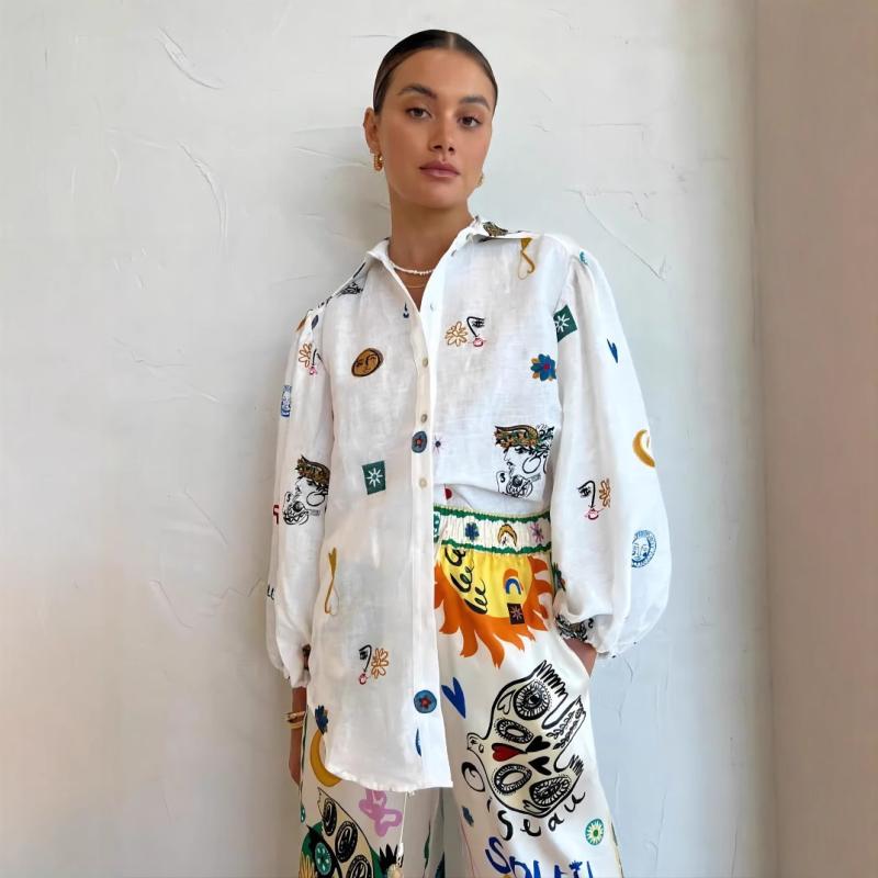 シャツ レディース ランタンスリーブ 長袖 ゆったり オーバーサイズ 総柄 アートプリント カラフル マカロンカラー 前開き 襟付き 麻 リネン調 ポリエステル混 カジュアル きれいめ オフィス 通勤 トップス 白 春夏