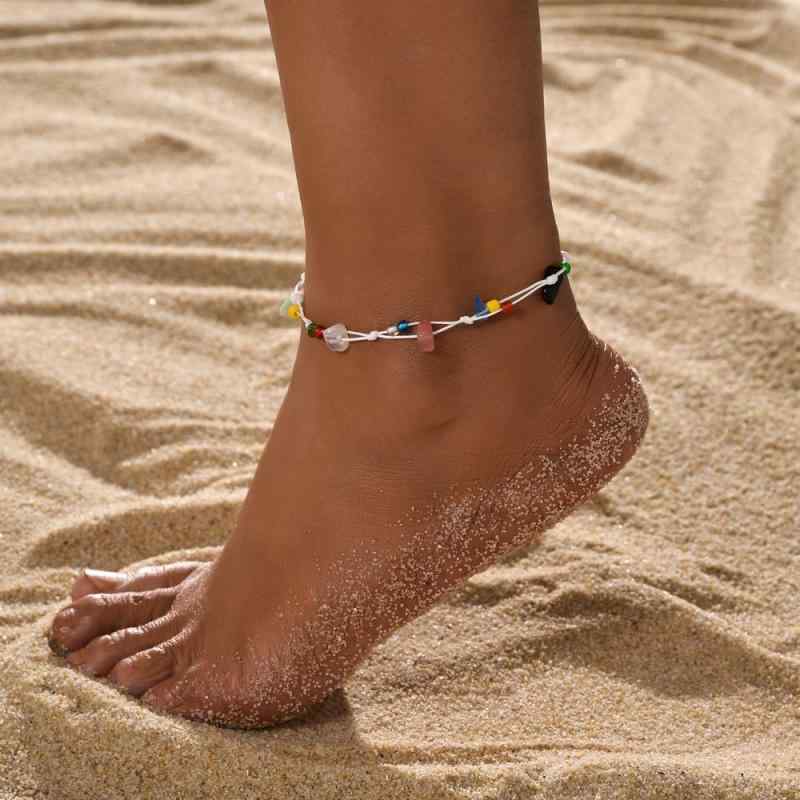 アンクレット レディース 防水 ワックスコード編み カラフル 不規則 さざれ石風 小粒ビーズ おしゃれ 個性派 サイズ調節可能 カジュアル デイリー ビーチ リゾート