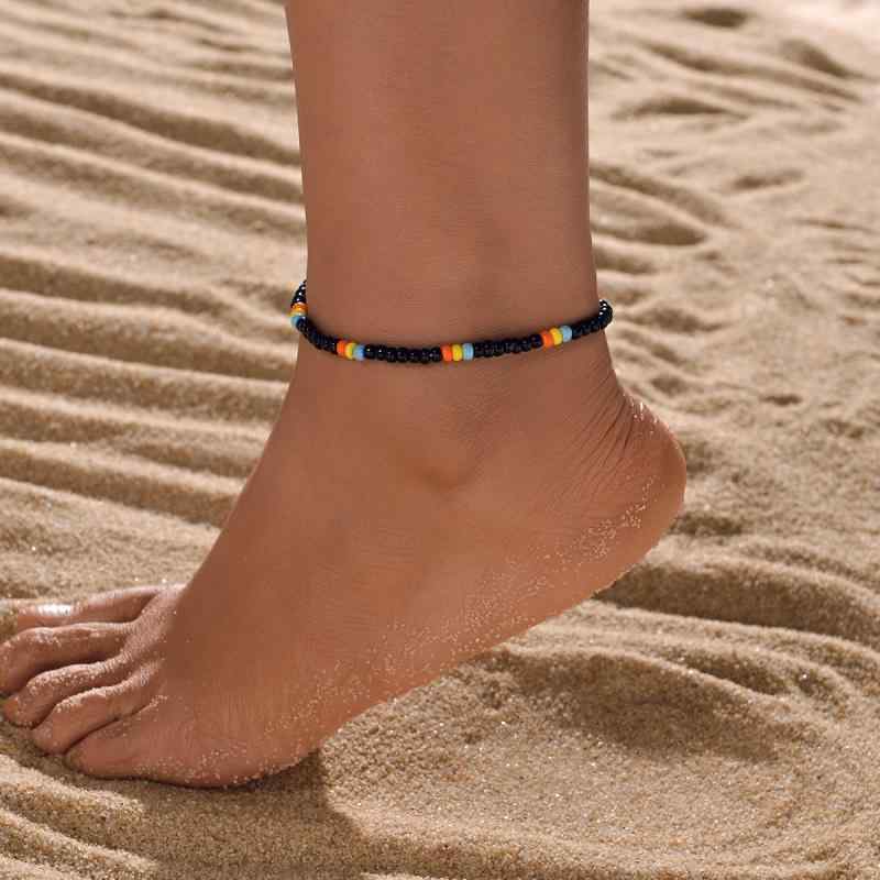 アンクレット 男女兼用 シンプル スタイリッシュ 個性的 編み込み カラフル 黒ビーズ プラスチック製 幾何学模様 プレゼント カジュアル