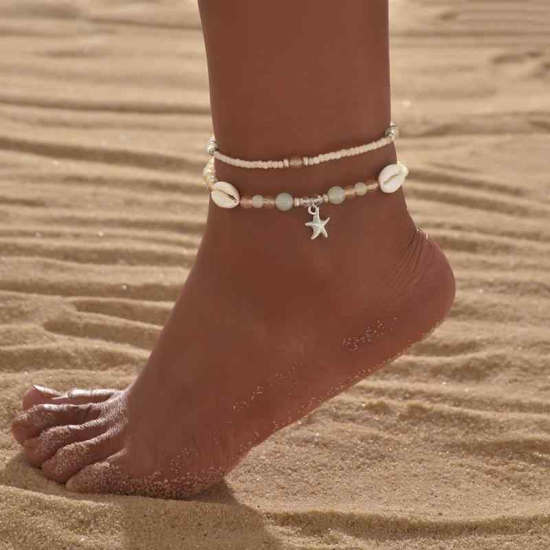 アンクレット レディース マリンスタイル おしゃれ ヒトデ ペンダント ジェリービーズ ホワイトシードビーズ 合金 伸縮性 2点セット 春夏