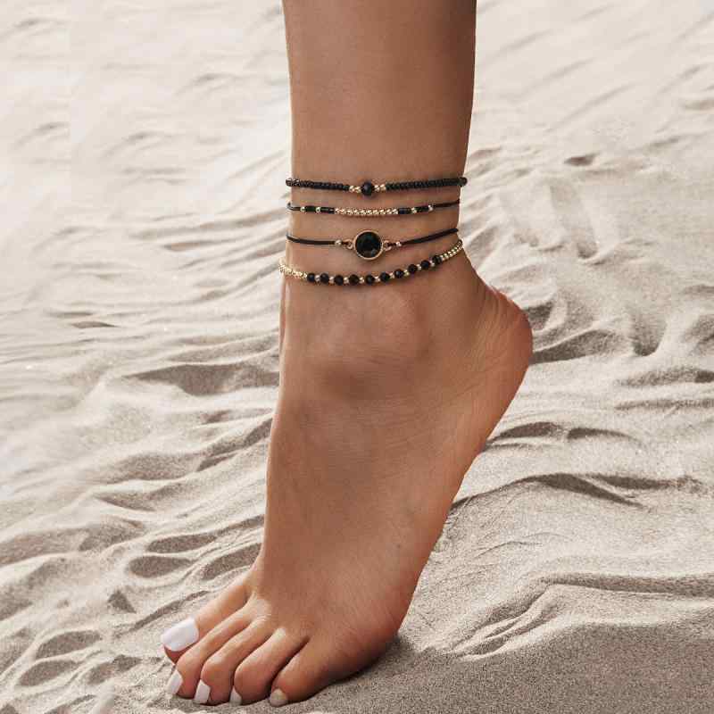アンクレット レディース 伸縮性 重ね付け ボヘミアン 個性的 幾何学 サークル 小粒ビーズ 編み込み プラスチック レジン 4点セット 普段使い ビーチ リゾート カジュアルスタイル