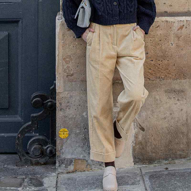 カジュアルパンツ レディース コーデュロイ 厚手 綿100% ロールアップ ハイウエスト ストレート レトロフレンチ 着痩せ 秋冬 無地