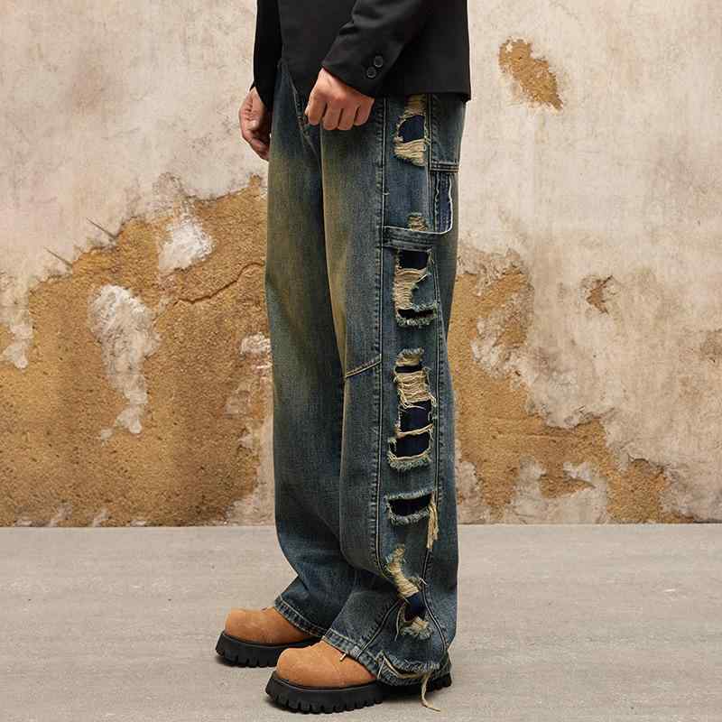 デニムパンツ メンズ サイド大胆ダメージ加工 ワイドストレート ゆったり レトロ ストリート ヴィンテージウォッシュ 中ウエスト カジュアルスタイル 秋冬 綿混素材