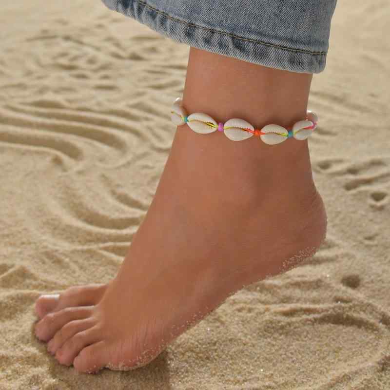 アンクレット レディース 春夏 ボヘミアン シェル カラフル ライスビーズ 編み込み 調節可能 コード ビ..