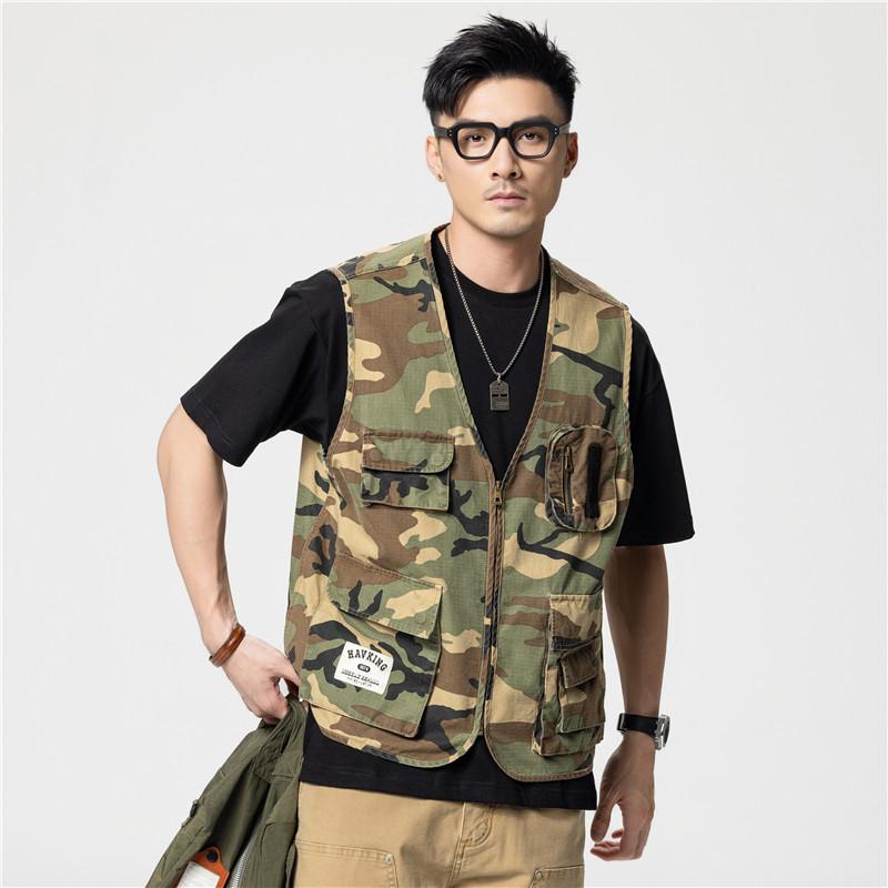 ベスト メンズ 高級感 綿100% ゆったり 多ポケット 迷彩柄 アウトドア キャンプ フィッシング タクティカル ワーク ノーカラー 立体ポケット カジュアル オールシーズン