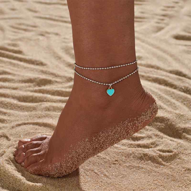 アンクレット レディース アジャスター付き おしゃれ シンプル 合金製 ハートモチーフ ダブルチェーン ..