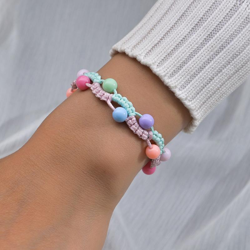 ブレスレット レディース 女性用 サイズ調整可能 カラフルコード 樹脂ビーズ 編み込み 電気メッキ加工 おしゃれ 上品 リゾート オフィス 通勤 普段使い