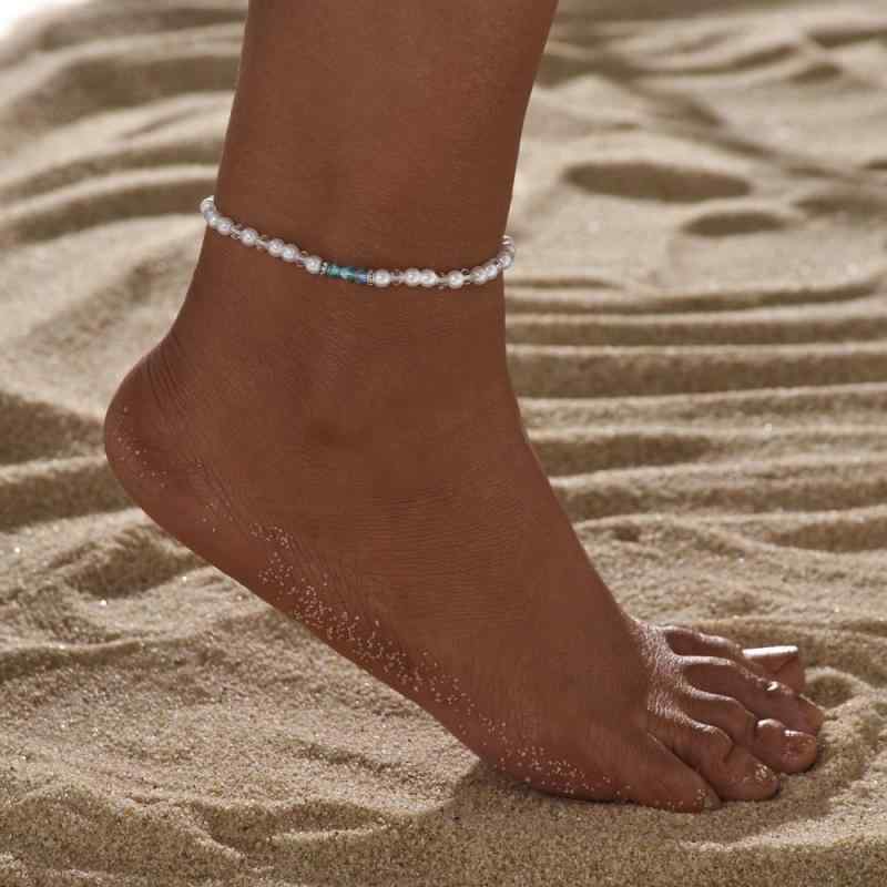 アンクレット レディース 女性用 伸縮性 ゴム パール クリスタル ビーズ シンプル デザイン 幾何学模様 足元 アクセサリー 樹脂素材 ビーチ リゾート パーティー 春夏