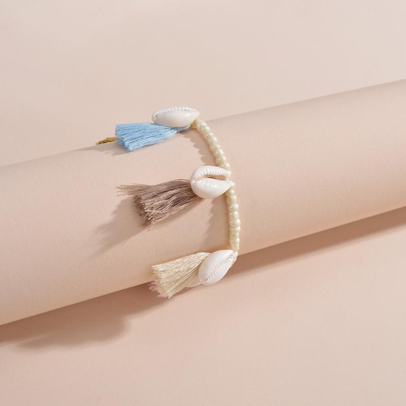 アンクレット レディース 天然貝殻 タッセルチャーム 白いビーズ 編み込み アジャスター付き マリンテ..