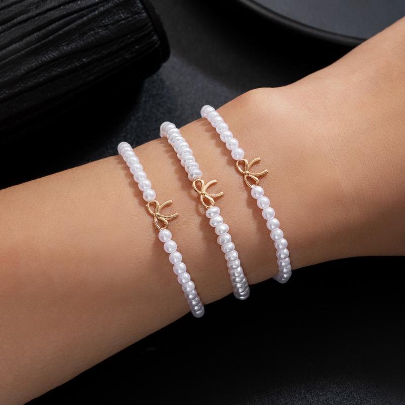Chromium - ブレスレット レディース 伸縮性 フェイクパール 合金 ハンドメイド リボン ビーズ 欧米風 エレガント 上品 シンプル オフィス カジュアル 普段使い 重ね付け 3点セット