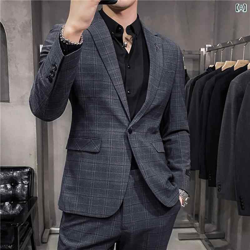 スーツ メンズ 形態安定 スリムフィット チェック柄 韓国風 結婚式 披露宴 二次会 ビジネス オールシーズン ポリエステル混紡 シングルスーツ
