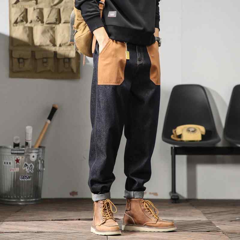 デニムパンツ メンズ 切り替え ゆったり ストレート ウォッシュ加工 ノンストレッチ ジップフライ ミッドライズ アメカジ ベーシック 通勤 ダークブルー ロング丈 秋冬