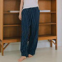 パンツ レディース ルームウェア パジャマ クラシック ストライプ ゆったり ワイド 綿100% 通気性 快適 ウエスト紐 ロング丈 ワンマイルウェア 部屋着 春夏秋(4)