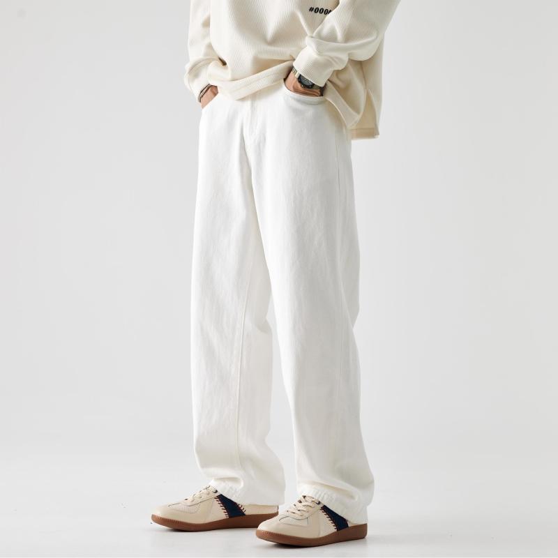 デニムパンツ メンズ 落ち感 切り替え ルーズフィット ワイド ストレート 綿100% オフホワイト 多ポケット ノンストレッチ アメカジ 秋冬 カジュアル ロングパンツ