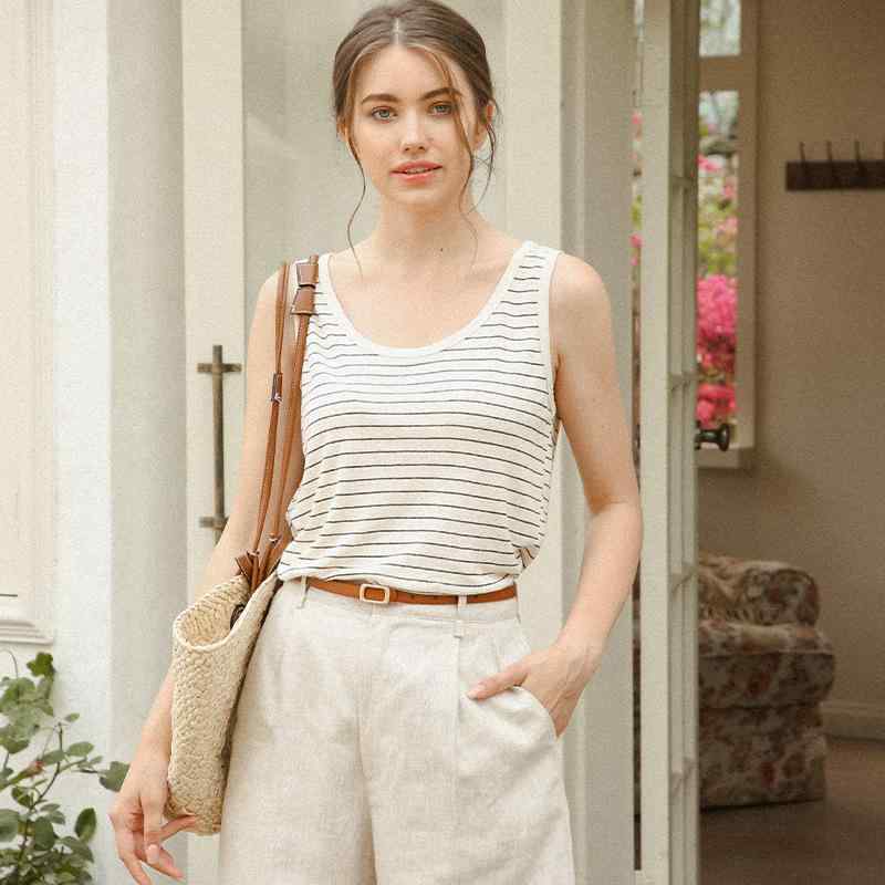 タンクトップ レディース 薄手 リネンブレンド 通気性 快適 フレンチ風 配色 細ストライプ ノースリーブ ベーシック シンプル インナー 通勤 オフィス きれいめ 春夏